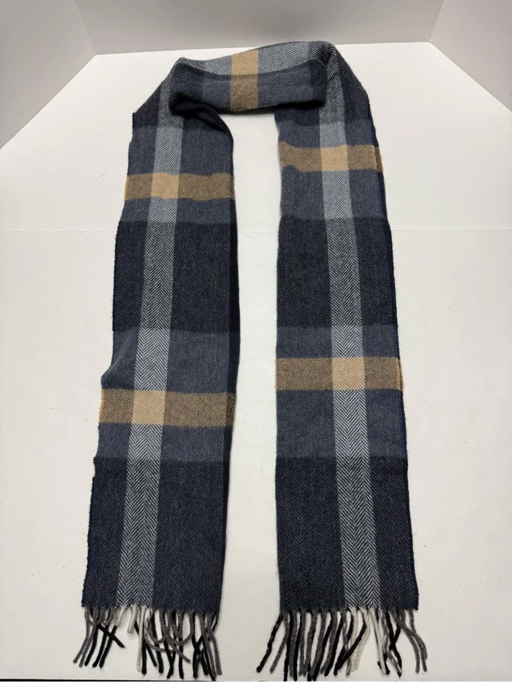 Joseph Men's Plaid Scarf in Navy, Gray & Tan